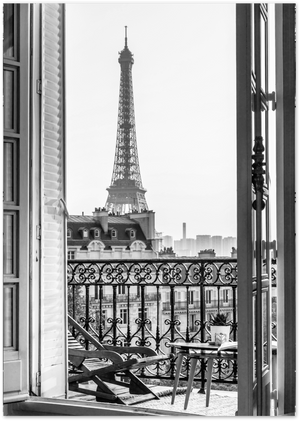 Posterux© | Parisian Balcony with Eiffel Tower View – Black & White Photography Poster poster – premium wall art