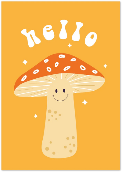 Posterux© | Hello Mushroom Poster – Playful Retro Kids Wall Art poster – premium wall art