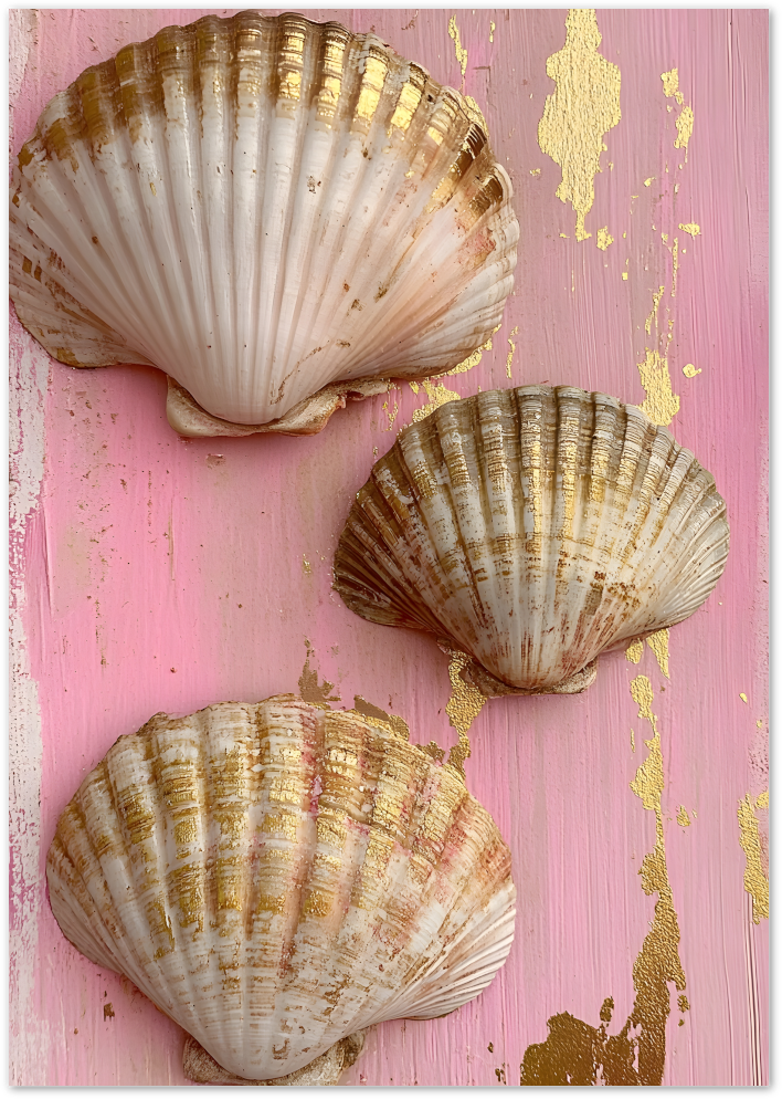 Posterux© | Gold Shells on Pink Poster – Coastal Elegance Meets Blush poster – premium wall art