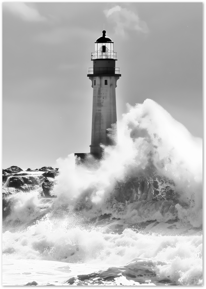 Posterux© | Stormy Lighthouse – Black & White Coastal Drama poster – premium wall art