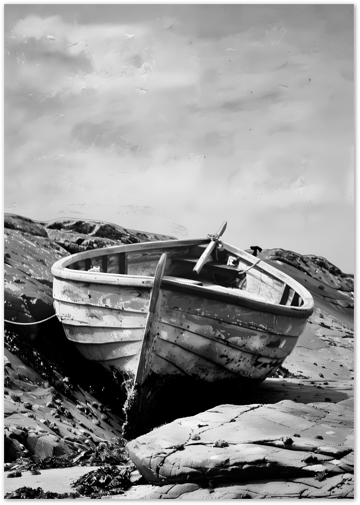 Posterux© | Weathered Boat – Black and White Seaside poster – premium wall art