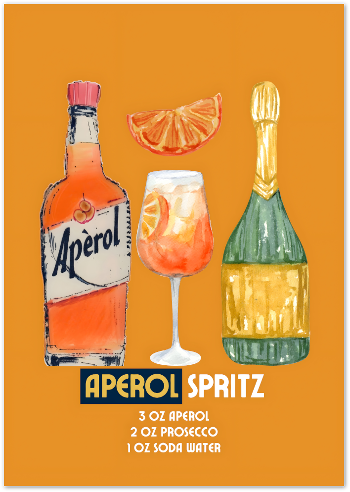 Posterux© | Aperol Spritz – Watercolor Cocktail Guide poster – premium wall art