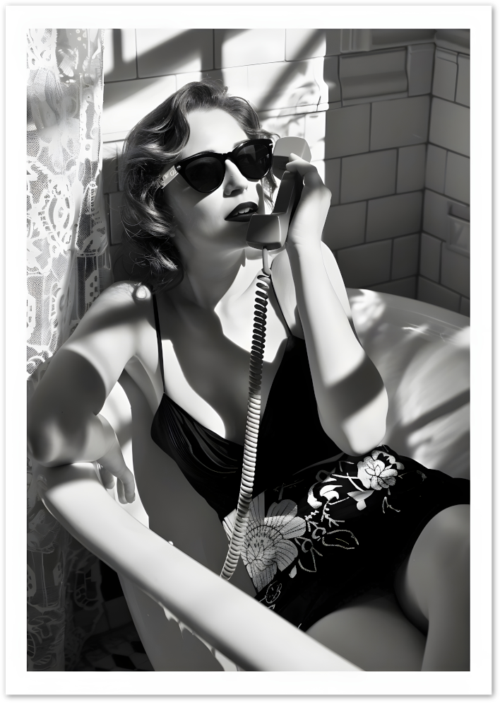 Posterux© | Phone Call in the Tub Poster – Retro Glam Bathroom Scene poster – premium wall art