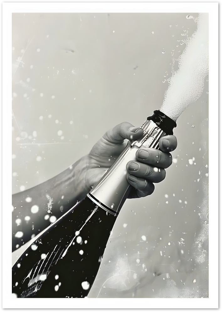 Posterux© | Champagne Pop Poster – Black & White Celebration Photography poster – premium wall art
