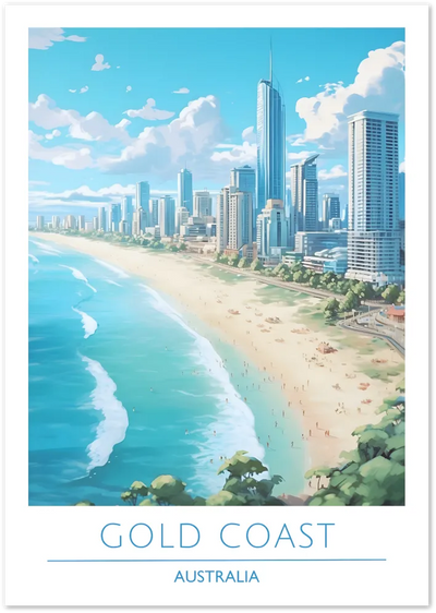 Posterux© | Gold Coast Poster – Coastal Cityscape in Blue Hues poster – premium wall art