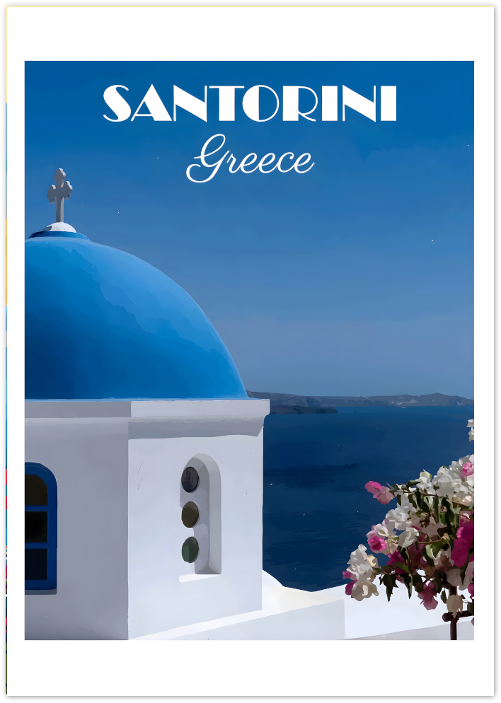 Posterux© | Santorini Greece Poster – Blue Dome and Bougainvillea poster – premium wall art