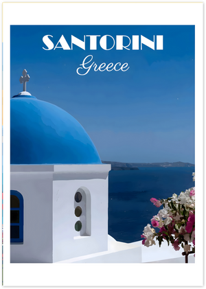 Posterux© | Santorini Greece Poster – Blue Dome and Bougainvillea poster – premium wall art