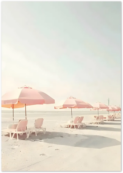 Posterux© | Pink Beach Umbrellas Poster – Soft Pastel Coastal Vibes poster – premium wall art