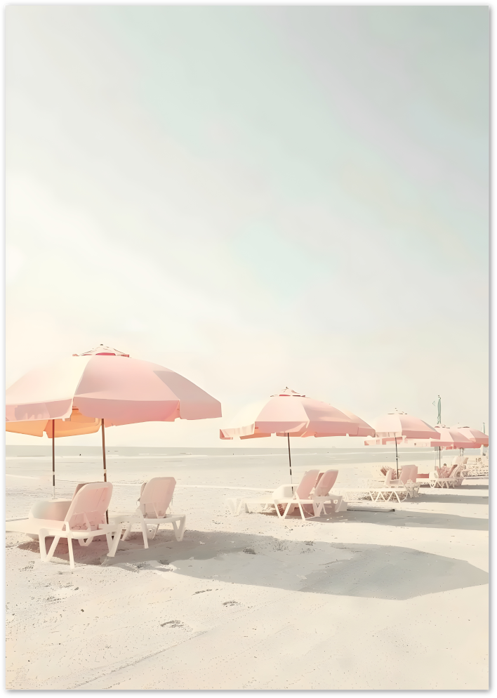 Posterux© | Pink Beach Umbrellas Poster – Soft Pastel Coastal Vibes poster – premium wall art