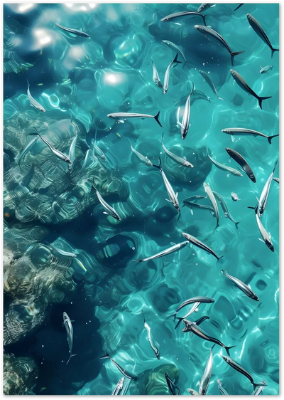 Posterux© | Sardines in Sunlight Poster – Underwater Coastal Photography poster – premium wall art