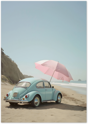 Posterux© | Beach Bug Poster – Vintage Car with Pink Umbrella poster – premium wall art