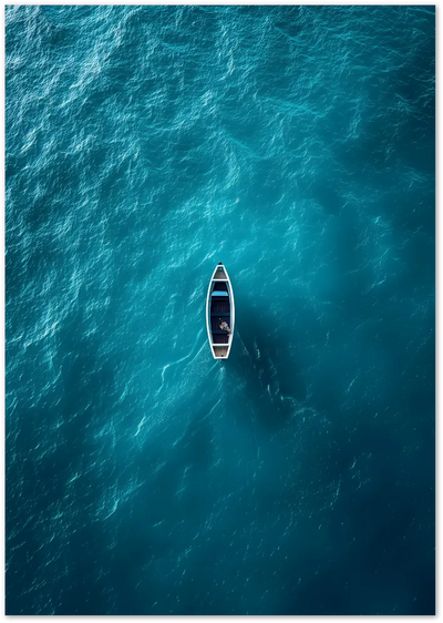 Posterux© | Adrift Poster – Minimal Boat on Blue Waters poster – premium wall art
