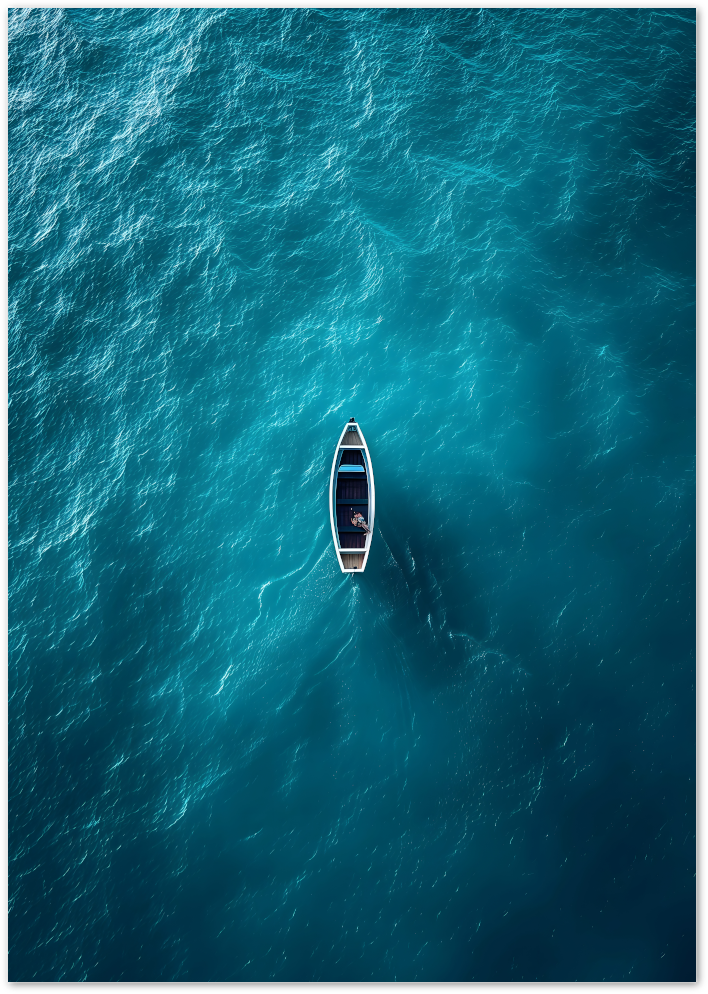 Posterux© | Adrift Poster – Minimal Boat on Blue Waters poster – premium wall art