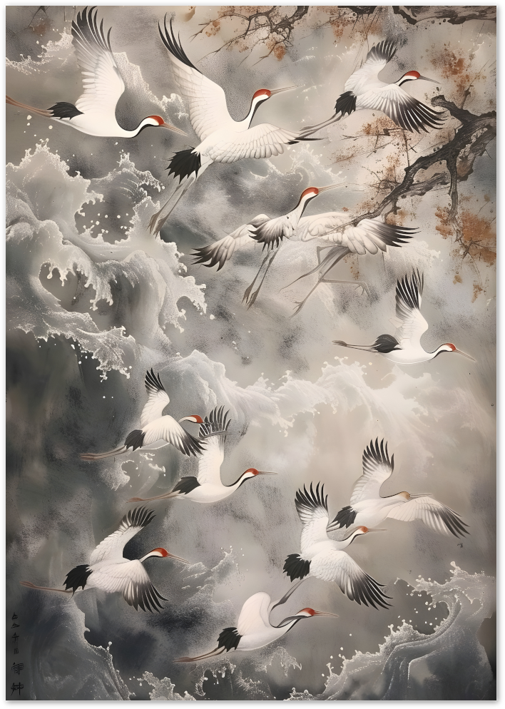Posterux© | Soaring Cranes Poster – Japanese Style Nature Art poster – premium wall art