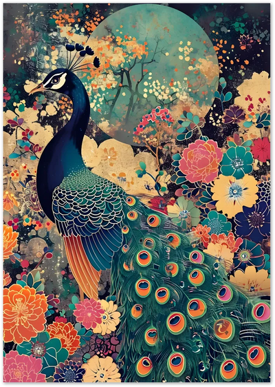 Posterux© | Blushing Peacock Poster – Elegant Bird in Blooming Garden poster – premium wall art