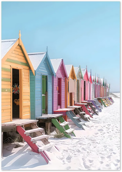 Posterux© | Pastel Beach Cabins Poster – Colorful Coastal Row poster – premium wall art