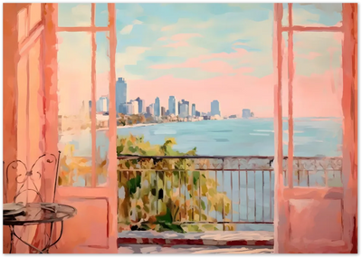 Posterux© | City View Through the Window Poster – Soft Pastel Skyline poster – premium wall art