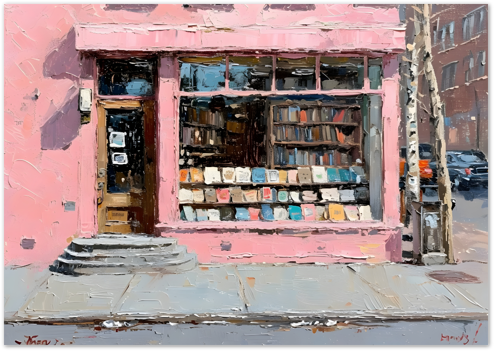 Posterux© | Pink Bookstore Poster – Artistic City Scene poster – premium wall art