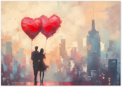 Posterux© | Couple with Heart Balloons Poster – Romantic Cityscape poster – premium wall art