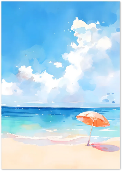 Posterux© | Pink Parasol Beach Poster – Summery Coastal Illustration poster – premium wall art