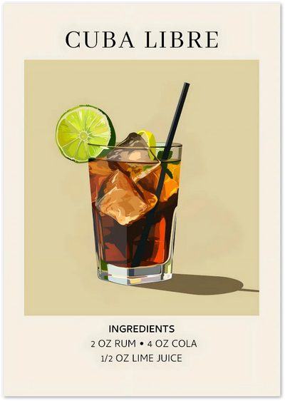 Posterux© | Cuba Libre Recipe Poster – Retro Cocktail Illustration poster – premium wall art