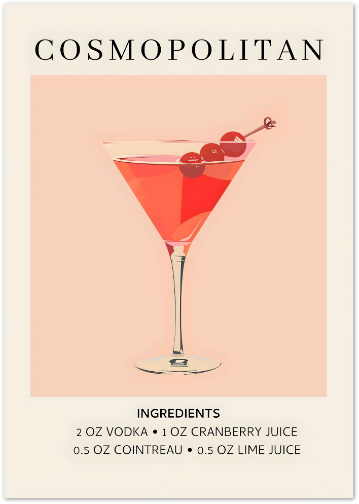 Posterux© | Cosmopolitan Recipe Poster – Chic Pink Cocktail Art poster – premium wall art