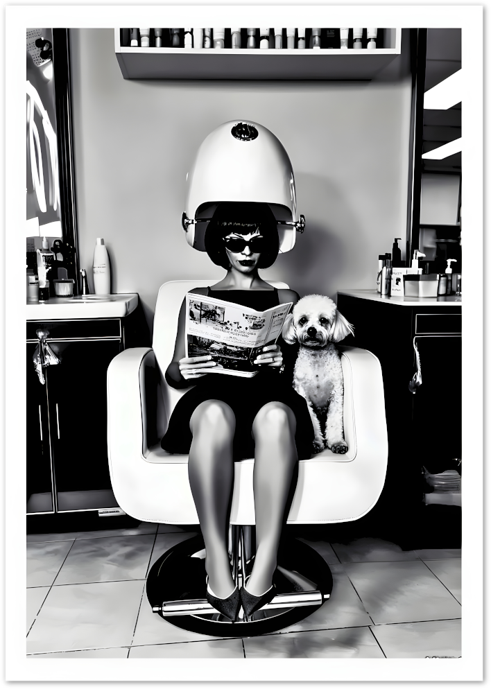 Posterux© | Hair Salon Glamour Poster – Retro Lady & Dog in Black and White poster – premium wall art