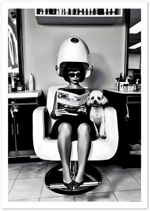 Posterux© | Hair Salon Glamour Poster – Retro Lady & Dog in Black and White poster – premium wall art