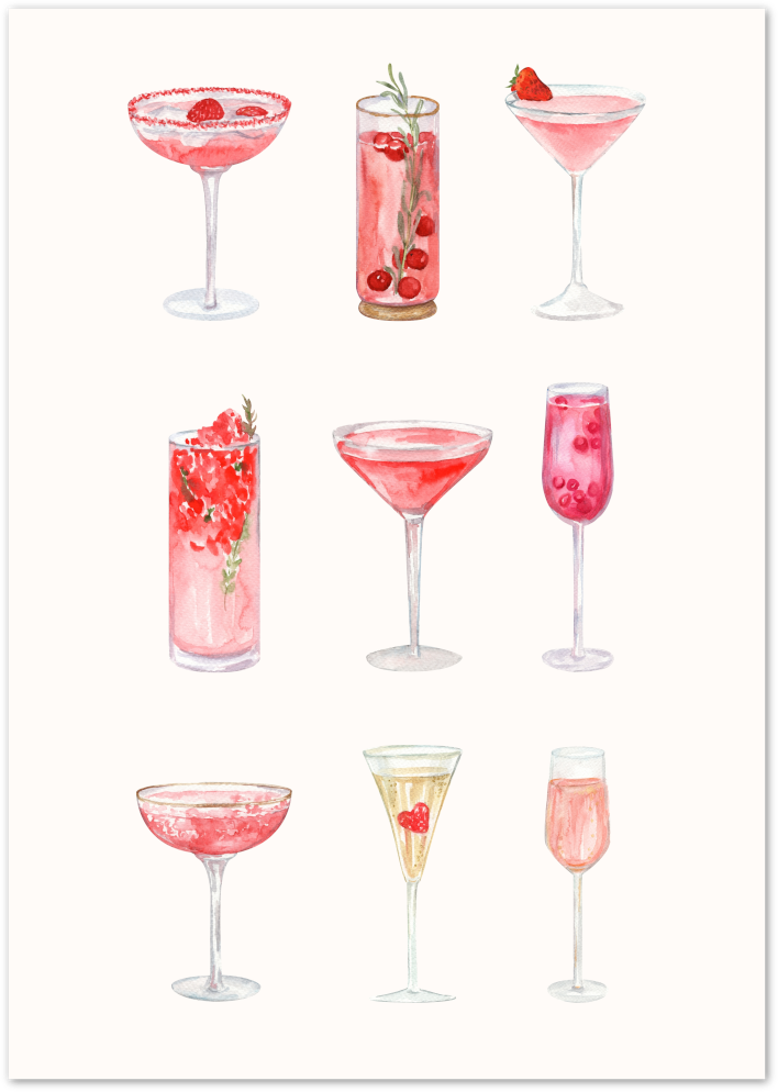 Posterux© | Pink Cocktail Glasses Poster – Watercolor Bar Art poster – premium wall art