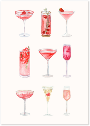 Posterux© | Pink Cocktail Glasses Poster – Watercolor Bar Art poster – premium wall art