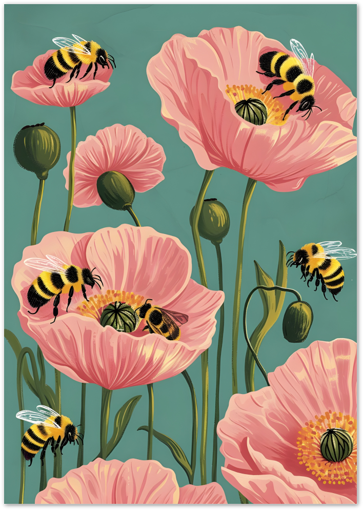 Posterux© | Bees and Poppies Poster – Floral Garden Illustration poster – premium wall art