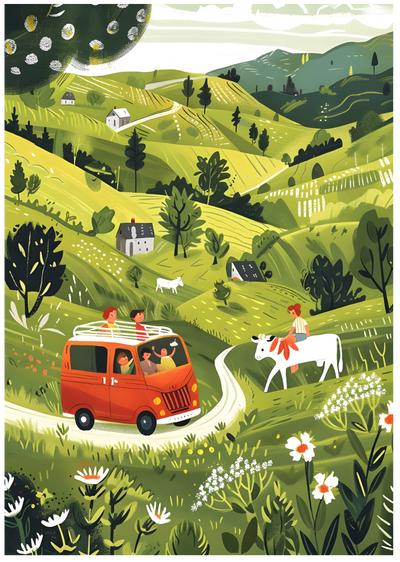 Posterux© | Countryside Road Trip Poster – Illustrated Travel Scene poster