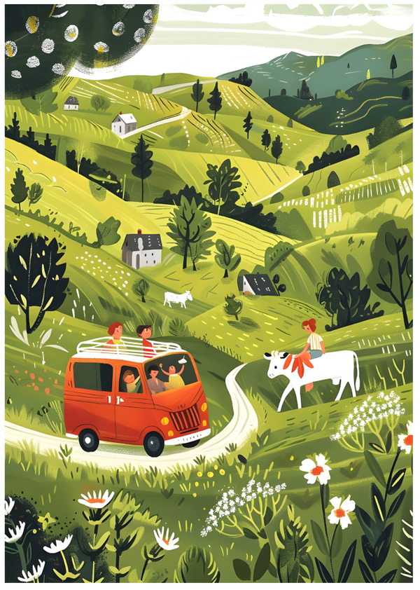 Countryside Road Trip Poster | Illustrated Travel Art | Posterux