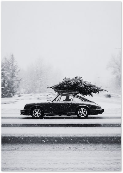 Winter Porsche Poster – Black and White Snow Car Print | Posterux