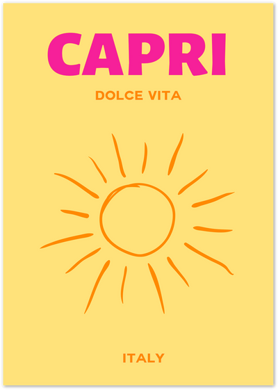 Capri Dolce Vita poster with pink text and hand-drawn orange sun on yellow background