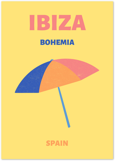 Ibiza poster with striped beach umbrella illustration and bold typography on yellow background