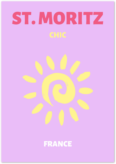 Pink St. Moritz text with yellow sun swirl illustration on lavender background, France caption below