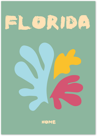 Florida poster with abstract leaf cutout shapes in blue, yellow and pink on sage green background
