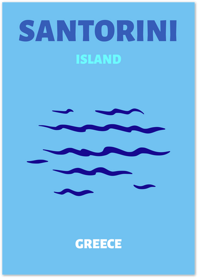 Minimalist Santorini Island poster with navy wave lines on a light blue background