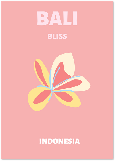 Pink poster with a coral, cream and yellow plumeria flower and text Bali Bliss Indonesia