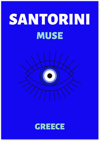 Blue Santorini poster with bold typography and a Greek evil eye symbol illustration