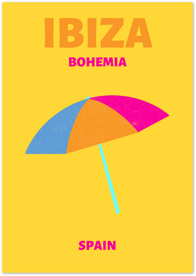 Yellow Ibiza Spain poster with a colourful blue, orange and pink beach umbrella