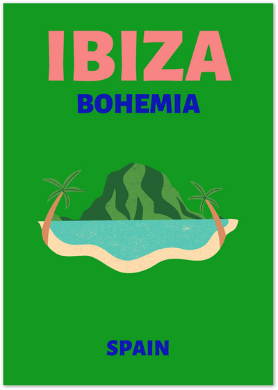 Retro Ibiza Spain travel poster with green mountain island, palm trees and bold pink and blue typography