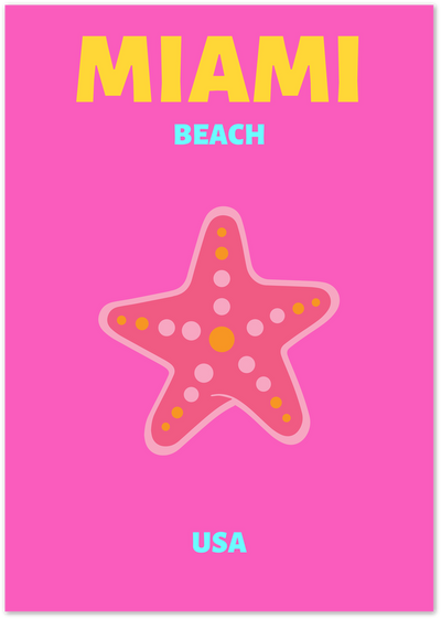 Pink Miami Beach poster with yellow text and a polka-dotted starfish illustration
