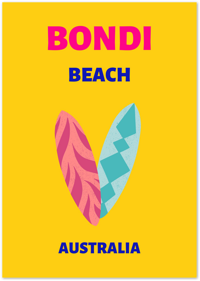 Yellow Bondi Beach Australia poster with two patterned surfboards forming a heart shape