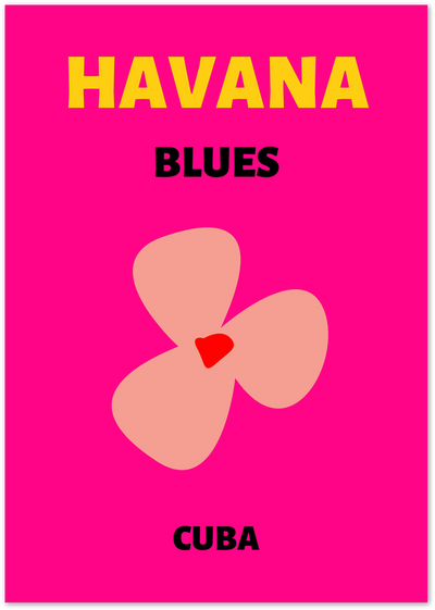 Pink Havana poster with abstract peach flower graphic and black Cuba typography