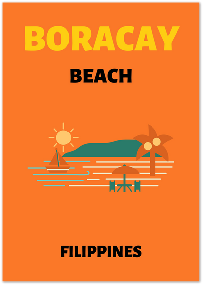 Orange minimalist travel poster of Boracay Beach with palm tree, sailboat and sun