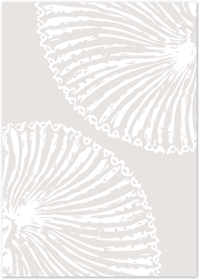 Two large scallop shells drawn in white line art on a beige background