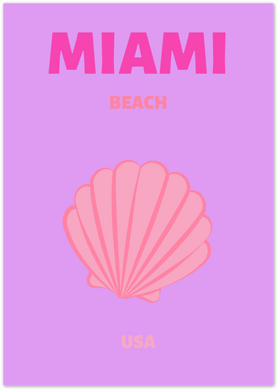 Pink Miami Beach typography poster with coral seashell on lavender background