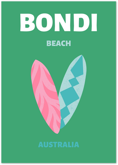 Green poster with BONDI BEACH AUSTRALIA text and two surfboards forming a heart shape